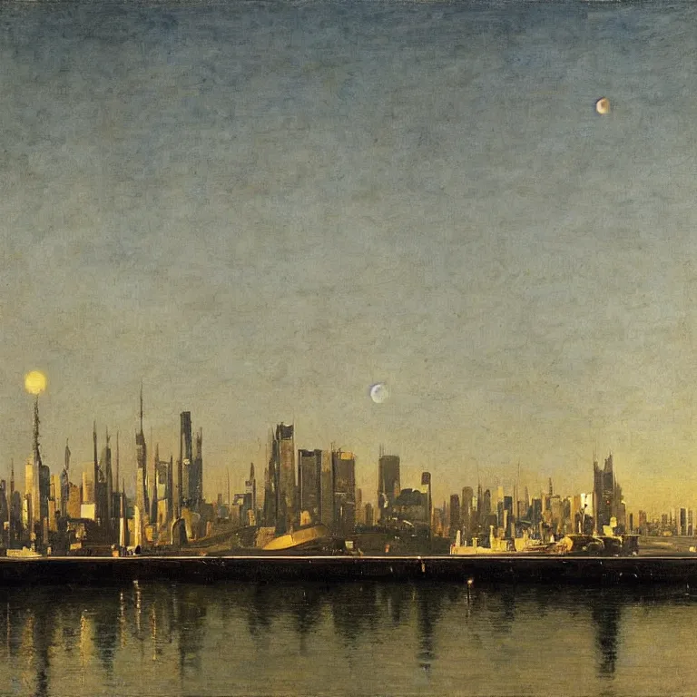 Prompt: a science fiction city harbour, painted by bierstadt and giorgio de chirico, tall buildings