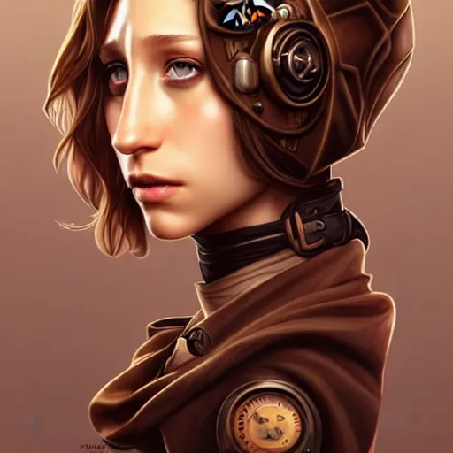 Image similar to in the style of diego fazio, artgerm, beautiful taissa farmiga, steampunk, full color, elegant pose, middle shot waist up, symmetrical face symmetrical eyes, three point lighting, detailed realistic eyes, short neck, insanely detailed and intricate elegant