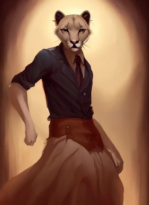 Image similar to beautiful portrait commission of a male furry anthro albino mountain lion with dark red eyes wearing a dress shirt in an old-timey Saloon. Atmospheric. Character design by charlie bowater, ross tran, artgerm, and makoto shinkai, detailed, inked, western comic book art