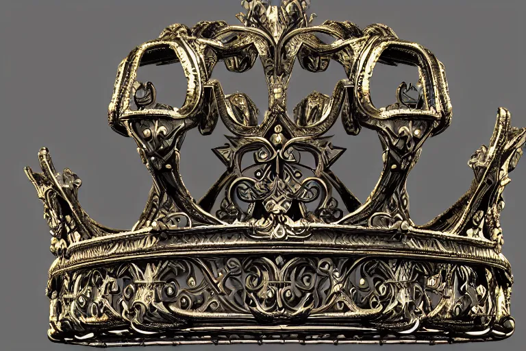 Image similar to ornate crown, 3d render ornate crown, dark background, octane render, unreal engine 5 3d render