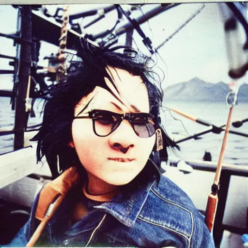Prompt: black - haired girl with wild spiky black saiyan hair with long bangs over her eyes wearing double denim, standing on an alaskan fishing vessel, 1 9 6 5, polaroid, kodachrome, grainy photograph