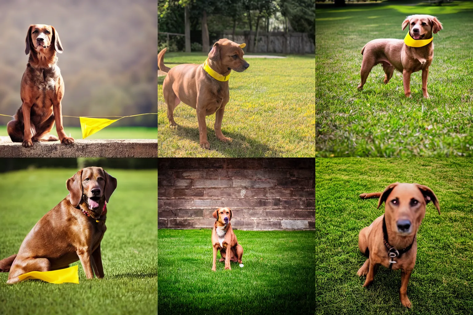 Prompt: a light brown dog stands in front of a green an yellow flag | photot | dslr | nikon lens | HD