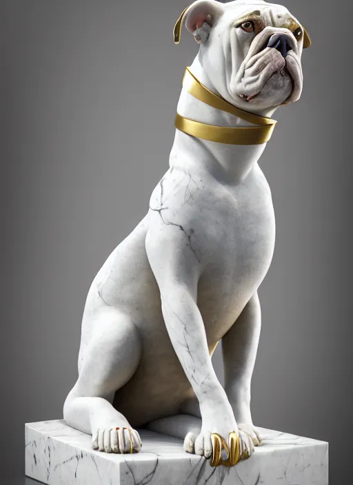 Image similar to a statue made of white marble with gold veins, of klay thompson and a bulldog, full body shot, perfect symmetrical body, perfect symmetrical face, hyper realistic, hyper detailed, by johannen voss, by peter kemp, by monia merlo, by michelangelo, by ernst haeckel, by alex grey, octane render, blender, 8 k
