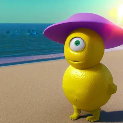 Image similar to 3 d octane render, of a hot anthropomorphic lemon female character inspired by the movie monsters inc, with lemon skin texture, she is wearing a hat, building a sandcastle on the beach at sunset, beach, huge waves, sun, clouds, long violet and green trees, rim light, cinematic photography, professional, sand, sandcastle, volumetric lightening