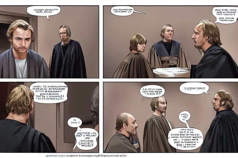 Image similar to jedi master anakin skywalker talking to saul goodman in court, us court, 1 0 8 0 p, court session images, realistic faces, better call saul court scene