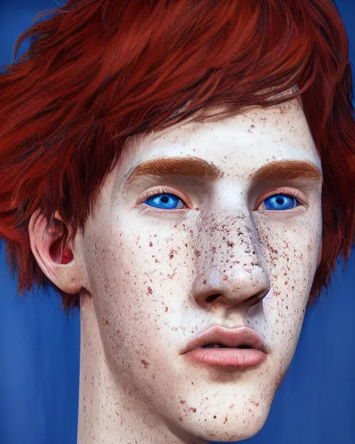 Image similar to a hyper real portrait painting of tall, thin, 1 5 - year - old boy with a long nose, a lot of freckles, fiery red hair, and bright blue eyes, 4 k, 8 k, d & d concept art, unreal 5, daz, hyperrealistic, octane render, cosplay, rpg portrait, dynamic lighting