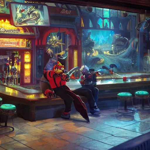 Image similar to an ultra detailed illustration of shadow the hedgehog and bowser sitting in a bar drinking beer, dive bar with a karaoke machine, volumetric lighting, 4 k, octane render, art by greg rutkowski and alphonse mucha and andreas rocha and albert bierstadt