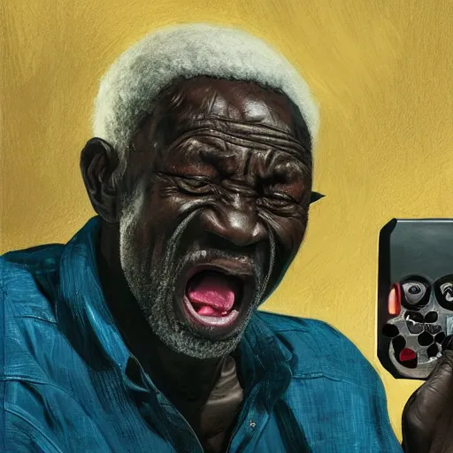 Image similar to An old african man raging and screaming and Television, holding a controller. Nice rimlight. By ilya kuvshinov, krenz cushart, Greg Rutkowski, trending on artstation. Sharp highlights, amazing textured brush strokes, accurate shape, cinematic soft, 8k, VFX, dramatic lighting, psychedelic colouring