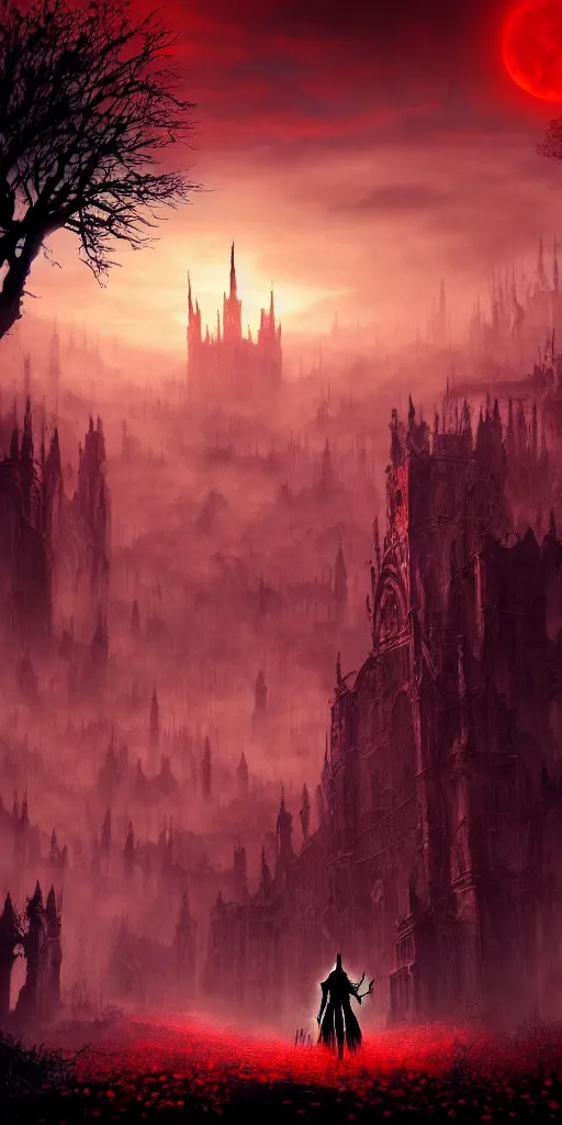 Image similar to abandoned bloodborne old valley with a person at the centre and a ruined gothic city at the end of the valley, trees and stars in the background, falling red petals, epic red - orange moonlight, perfect lightning, wallpaper illustration by niko delort and kentaro miura, 4 k, ultra realistic