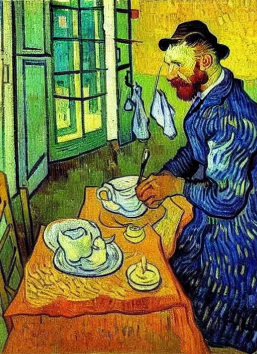 Prompt: good morning, van gogh painting breakfast on a canvas, painting by vincent van gogh, paul gauguin