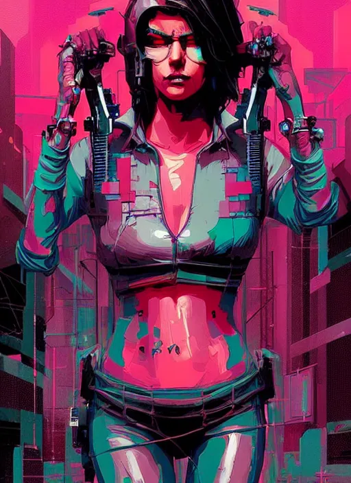 Prompt: cyberpunk cartel hitwoman by josan gonzalez splash art graphic design color splash high contrasting art, fantasy, highly detailed, art by greg rutkowski