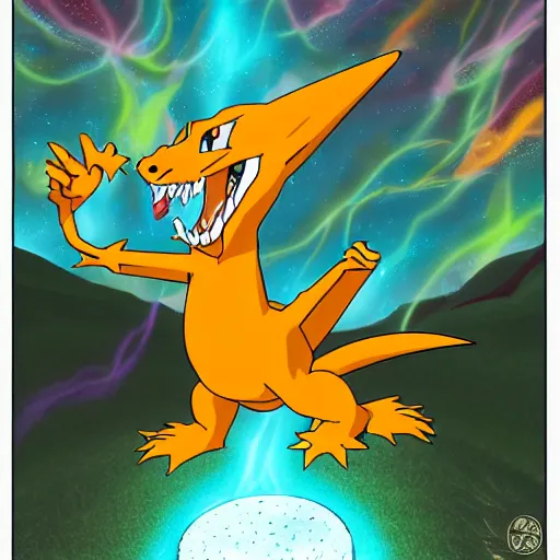 Prompt: charizard observes the space - time continuum on heroic dose of psilocybin in various realities