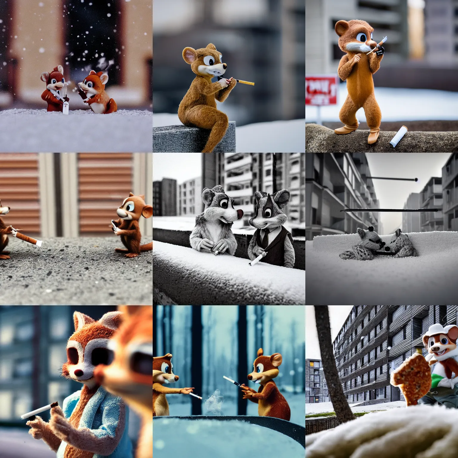 Prompt: realistic macro photo of Chip and Dale smoking cigarettes, winter, Plattenbau houses at the background