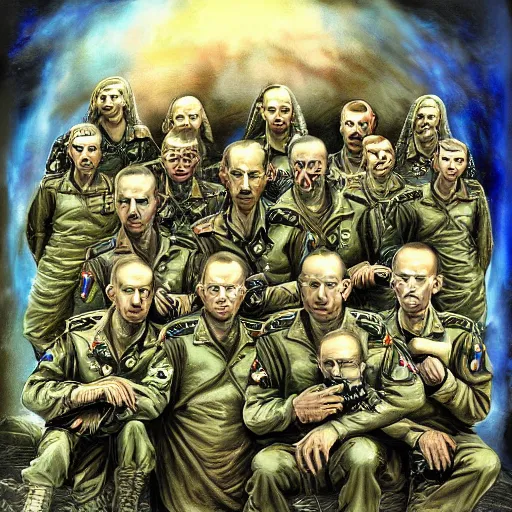 Image similar to wagner russian military force exorcism group photo - realistic, color image, hyper realistic, 2 k, highly detailed, occult art, by giger, fractal structure