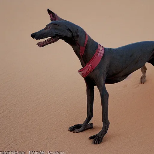 Image similar to xoloitzcuintli dog in the atacama desert at dusk, hungry and drooling, cracking bones, futuristic, by moebius