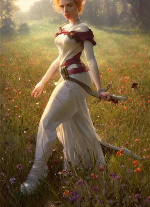 Image similar to Scarlett Johansson as a elf on a beutiful meadow, afternoon, art by Artgerm and Greg Rutkowski and Alphonse Mucha, DAZ, hyperrealistic, ambient light, dynamic light
