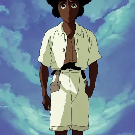 Image similar to dark skin man in a studio ghibli film, nature, dreamy