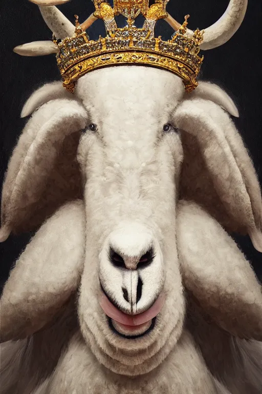 Image similar to anthropomorphic sheep queen, crown, oil on canvas, intricate, portrait, 8 k highly professionally detailed, hdr, cgsociety