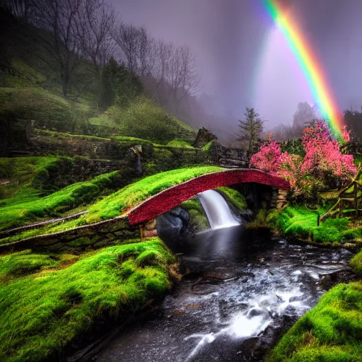 Prompt: spring festival at medieval hobbit village, ornate, beautiful, atmosphere, vibe, mist, smoke, fire, chimney, rain, wet, pristine, puddles, waterfall, melting, dripping, snow, creek, moss, ice, bridge, rainbow, cobble, forest, roses, flowers, color page, 4 k, contest winner