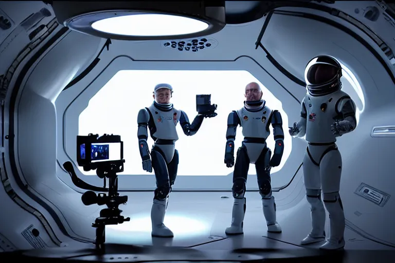 Image similar to vfx film, behind the scenes, on set, set design, making of, big film production, camera filming futuristic astronaut standoff with spacex humanoid robots, high tech space ship interior, flat color profile low - key lighting award winning photography arri alexa cinematography, hyper real photorealistic cinematic, atmospheric cool colorgrade