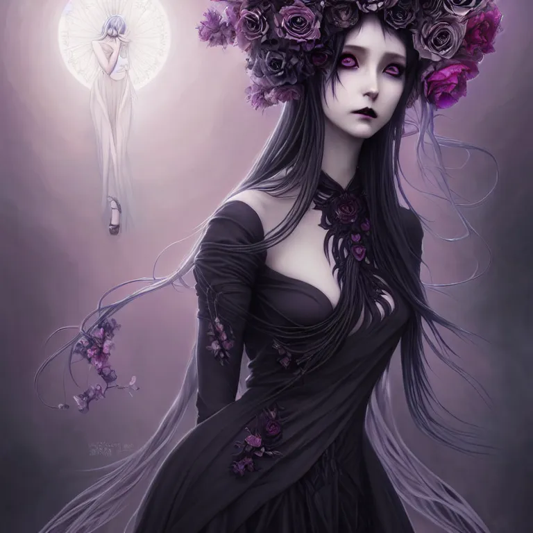 Image similar to stunning anime goddess hybrid of the floral river flowers, beautiful gothic dress in a dark romance, misty, by cgsociety, in the style of charlie bowater, tom bagshaw, intricate, beautiful, artstation 8 k, high resolutionsparkling atom fractals of jewls cords, by alex grey and hr giger