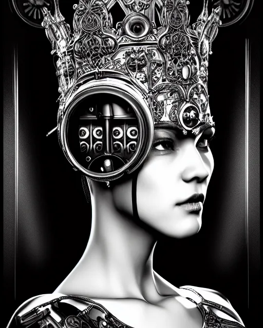 Image similar to black and white side portrait ultra detailed, beautiful female android with steampunk mechanical detailed ornate skin, crown, deity, sharp focus, highly detailed global illumination, concept art. 8 k