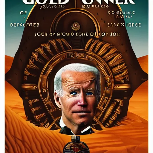 Prompt: book cover god emperor of dune. cartoon joe biden face on sandworm. cover art cgi movie poster style