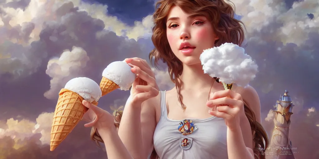 Image similar to a girl with an ice cream cone on hands with a white fluffy cloud in it, realistic 4 k octane cycles beautifully detailed render, 4 k, deep focus, intricate, elegant, highly detailed, photorealistic rendering, sharp focus, illustration, hearthstone, art by artgerm and alphonse mucha