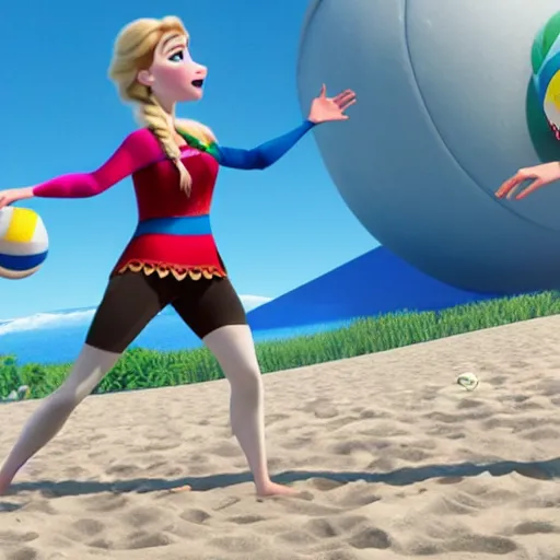 Image similar to anna from frozen playing beach volleyball, ultra realistic, 8 k, highly detailed