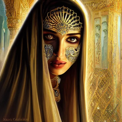 Image similar to beautiful gorgeous pristine arabian Goddess of life with a veil, dark Goddess of artificial intelligence creating an artificial neural network with gold synapses on an anvil with her scythe, high resolution, award winning art, trending on art station, sharp image, incredibly detailed, detailed character, realistic painting, hyper-realistic painting, coherent painting, master piece by ramon y cajal