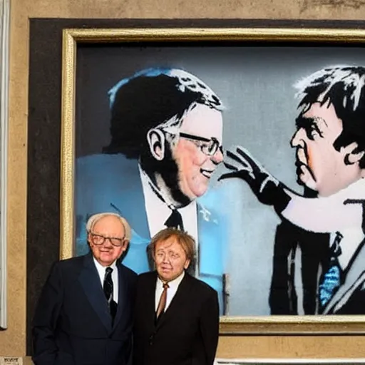 Image similar to A photograph of a Banksy painting of Warren Buffet and Paul McCartney in Venice