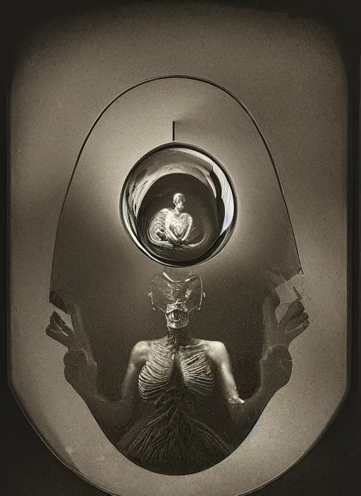 Image similar to old wetplate daguerreotype birth of artificial futuristic embryo cyborg life shot in the reflection of window, fractal, intricate, elegant, highly detailed, parallax, leica, medium format, subsurface scattering, by jheronimus bosch and greg rutkowski and louis jacques mande daguerre