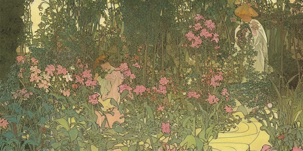 Image similar to an illustration of a beautiful garden, isometric view, painted by alphonse mucha and hieronymus bosch and hasui kawase, dramatic lighting, vivid colours.