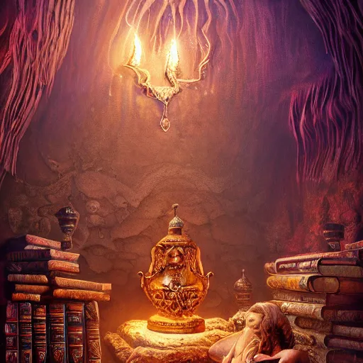 Image similar to epic view of an ancient dark byzantine cave interior, ornate oil lamp on a pile of crystals, books covered in jewels, ornate, surrounded by strange statues and treasure, full of sand and glitter, hyper real, Indiana Jones, Tomb Raider, trending on artstation, concept art, cinematic, jewels, by Jordan Grimmer