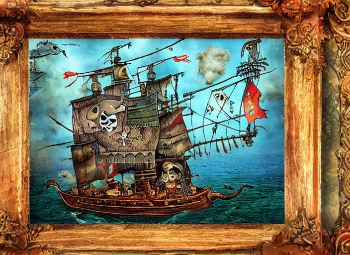 Image similar to pirate ship at sea, amazing background, lowbrow, 3 - d, highly detailed, in the style of alexander jansson,