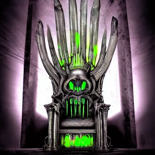 Image similar to a giger nightmare throne, dark neon colors shade glow backlit, evil throne of power, photo pic by realistic horror