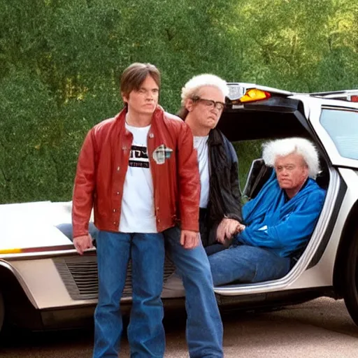 Prompt: Doc and Marty McFly standing in front of their delorian car, in the style of Futurama