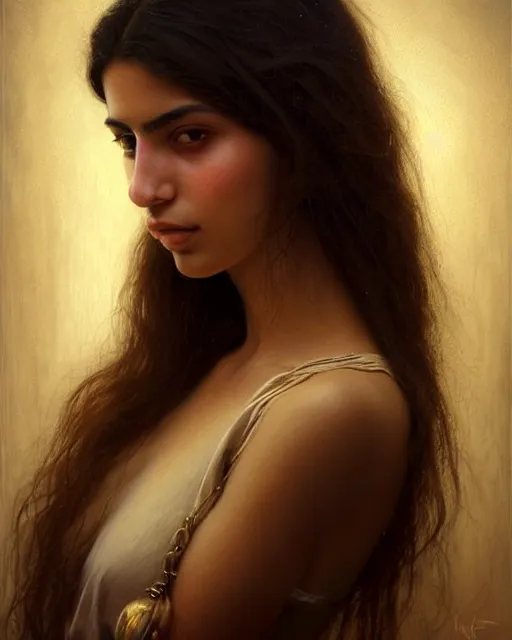 Image similar to a highly realistic, true to life portrait of a beautiful young middle eastern girl, soft focus, from the waist up, with sharp features, a beautiful face, soft smile, under studio lighting, taken with a canon eos camera with 1 3 5 mm focal length, art by karol bak, james jean, tom bagshaw, trending on artstation,