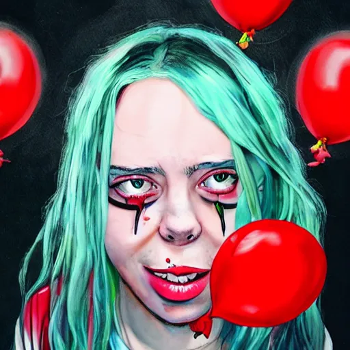 Image similar to grunge painting of billie eilish with a wide smile and a red balloon screenshot from rick and morty, creepy lighting, horror theme, detailed, elegant, intricate, conceptual