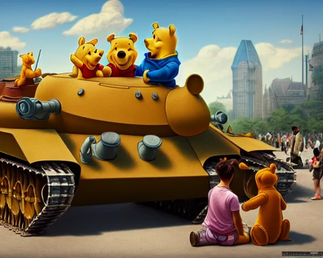 Image similar to winnie the pooh protesters sit down in front of tank at tiananman square, cute and cuddly, highly detailed, photorealistic, octane render, 8 k, unreal engine. art by artgerm and greg rutkowski and alphonse mucha