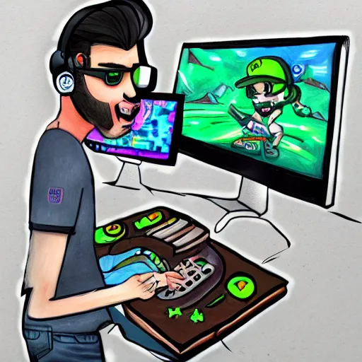 Image similar to a professional drawing of vinny vinesauce streaming and playing computer games, fanart, trending on artstation, by kawacy