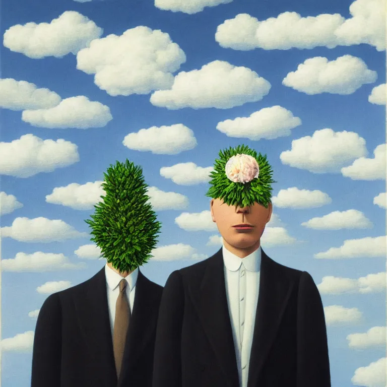 Image similar to portrait of a faceless beautiful flower - head man in a suit, clouds in the background, by rene magritte, detailed painting, distance, middle centered, hd, hq, high resolution, high detail, 4 k, 8 k