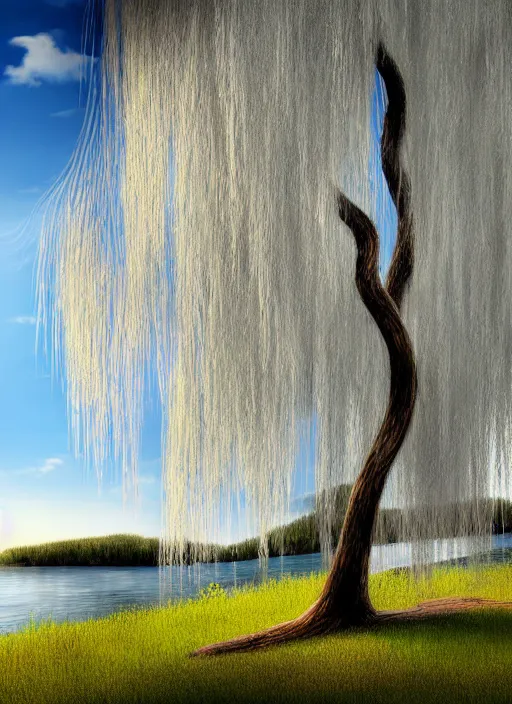 Image similar to nature photograph of a weeping willow with black bark and silver leaves sitting on a cliff in the distance in the style of stefan kostic, realistic, half body shot, sharp focus, 8 k high definition, insanely detailed, intricate, elegant, art by stanley lau and artgerm, luis royo, cloudy background