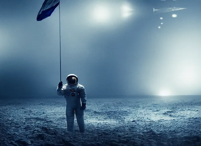 Image similar to astronaut holding a flag in an underwater desert. a submarine is visible in the distance. dark, concept art, cinematic, dramatic, atmospheric, 8 k, trending on artstation, blue, fish, low visibility, fog, ocean floor, christopher nolan, interstellar