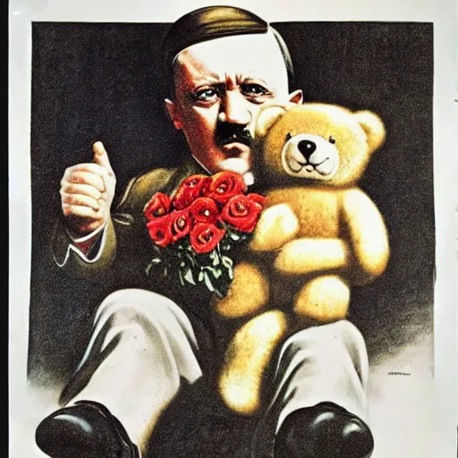 Image similar to hitler holding a teddy bear, propaganda poster