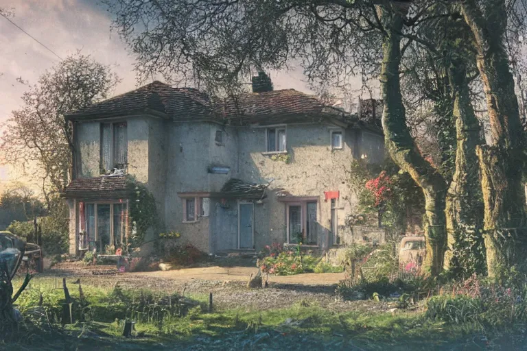 Image similar to cyberpunk, an estate agent listing external photo of a 5 bedroom detached house in the countryside, by Paul Lehr, highly detailed, photorealistic, 8k, anamorphic, cinestill cinematrography