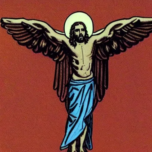 Prompt: jesus on a crucifix. his head is a bald eagle's head and his arms are wings.