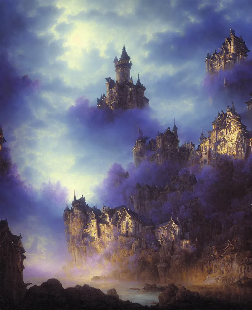 Image similar to beautiful matte airbrush painting of a european medieval castle made of light, ispired b yoshitaka amano and gilbert williams, clear painting and good lighting, dark blue and intense purple color palette, mystical fog, art by gilbert williams, andreas achenbach, clement ascher, tom bagshaw and sabbas apterus, high quality