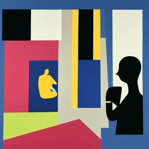 Image similar to A painting of person on the phone, abstract painting in the style of Sophie Taeuber-Arp and Gary Hume and Tatsuro Kiuchi, flat colour-block style, geometric abstraction, dark colours