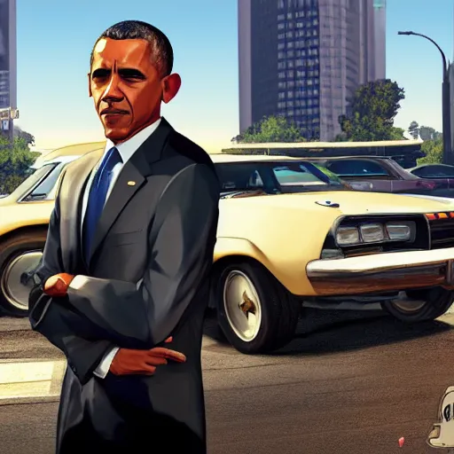 Prompt: barack obama in gta v, cover art by stephen bliss, artstation, no text